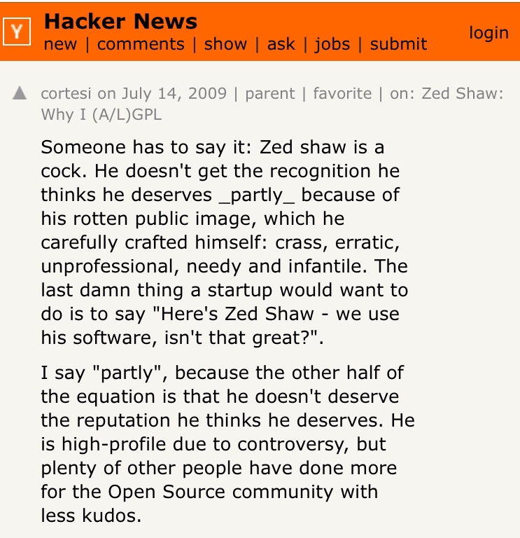 Quote on HN from cortesi calling me a cock.